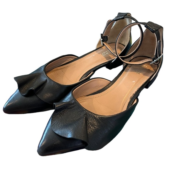 Lewitt Italy Alessia Ruffle Point Toe Ankle Strap Black Leather Flats 35 5 - Picture 5 of 16